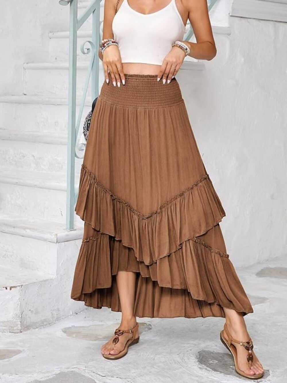 R.Vivimos Brown Boho Midi Skirt Strapless Dress Smocked Medium